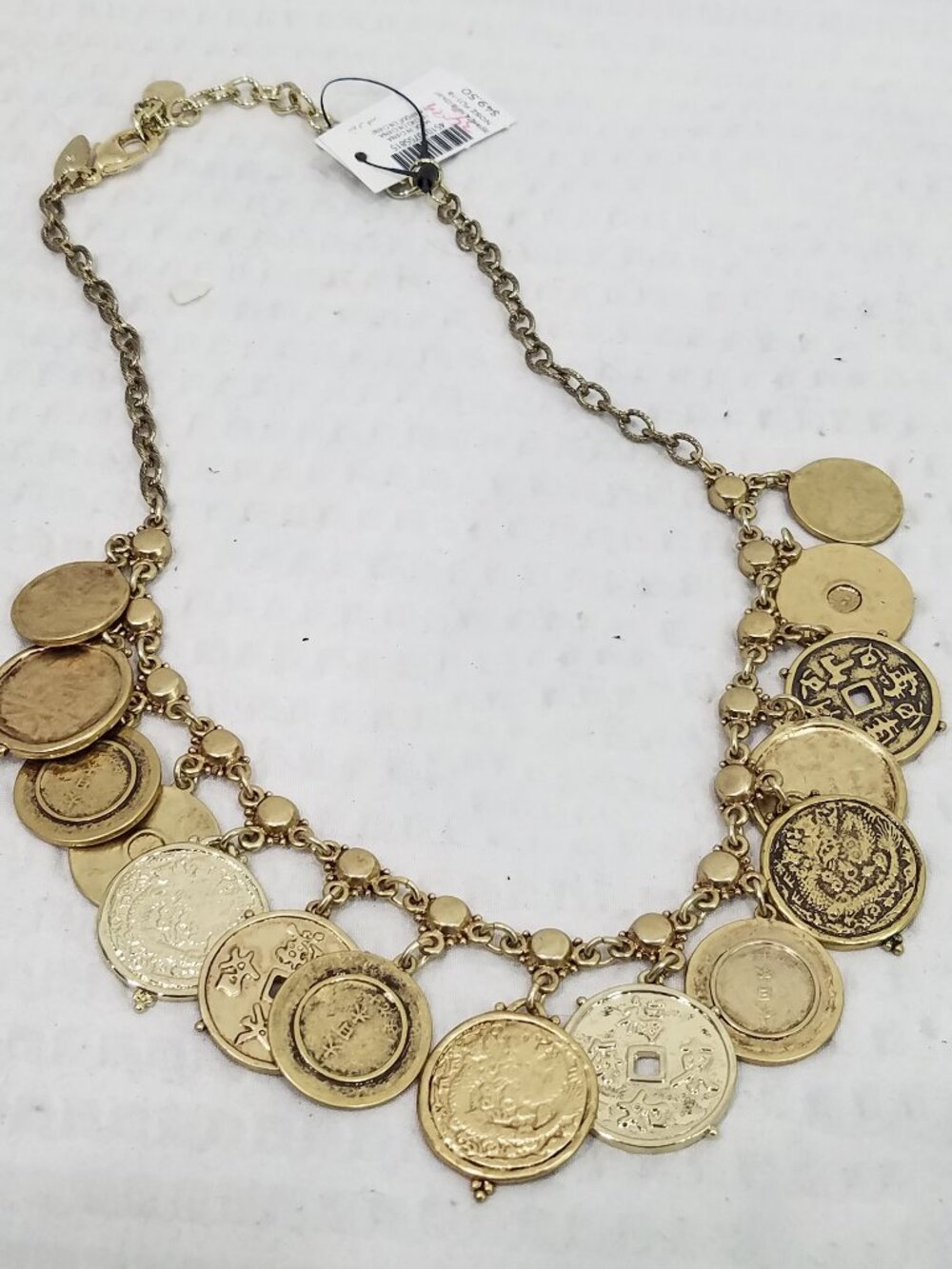 Vintage Signed Chico's Gypsy Style Gold Tone Asian Coins Bib Choker Necklace - Picture 3 of 5